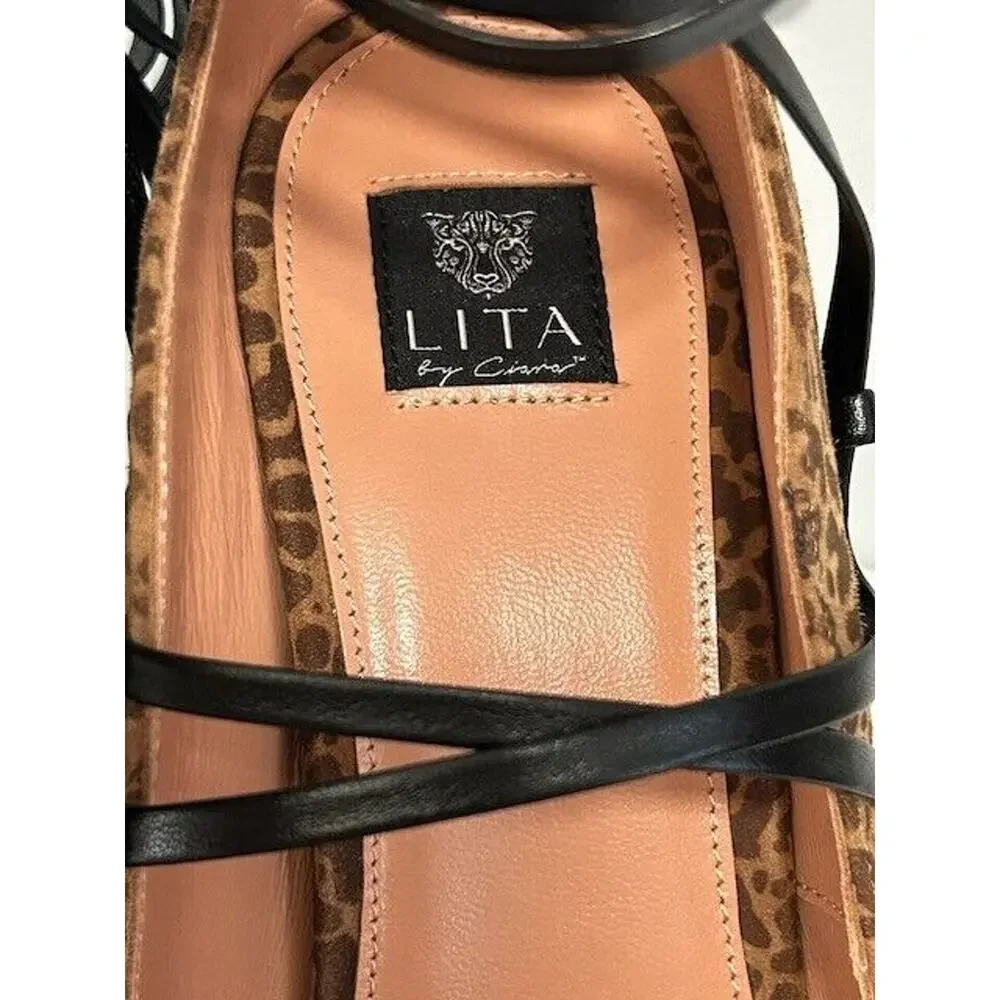 LITA By Ciara Strappy Sandals Stiletto Heels Leopard Print Leather 41/10.5‎ NIB